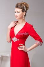 Load image into Gallery viewer, free shipping 2022 new plus size floor length small train formal beading long sleeve v-neck chffon red Mother of the Bride Dress