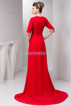 Load image into Gallery viewer, free shipping 2022 new plus size floor length small train formal beading long sleeve v-neck chffon red Mother of the Bride Dress