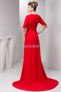 free shipping 2022 new plus size floor length small train formal beading long sleeve v-neck chffon red Mother of the Bride Dress