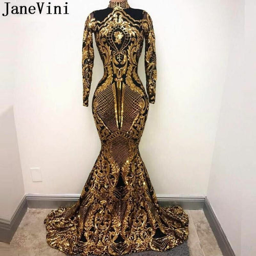 JaneVini Sparkle Gold Sequin Evening Dress 2022 Sexy Mermaid Long Sleeve Evening Gown High Neck Arabic Formal Dresses Lange Jurk