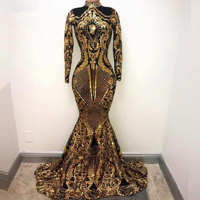 JaneVini Sparkle Gold Sequin Evening Dress 2022 Sexy Mermaid Long Sleeve Evening Gown High Neck Arabic Formal Dresses Lange Jurk