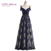 Load image into Gallery viewer, Wowbrial Graceful Lace Evening Dress 2021 Navy Blue V-Neck Pattern Appliques Pearls Draped A-Line Mother of the Bride Dress