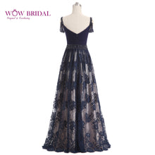 Load image into Gallery viewer, Wowbrial Graceful Lace Evening Dress 2021 Navy Blue V-Neck Pattern Appliques Pearls Draped A-Line Mother of the Bride Dress