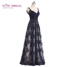 Load image into Gallery viewer, Wowbrial Graceful Lace Evening Dress 2021 Navy Blue V-Neck Pattern Appliques Pearls Draped A-Line Mother of the Bride Dress