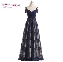 Load image into Gallery viewer, Wowbrial Graceful Lace Evening Dress 2021 Navy Blue V-Neck Pattern Appliques Pearls Draped A-Line Mother of the Bride Dress