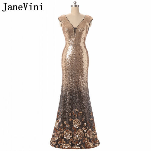 JaneVini Luxury Gold Sequins Mother of the Bride Dresses Robe Cap Sleeve Rose Pattern Sexy V-Neck Backless Mermaid Evening Dress