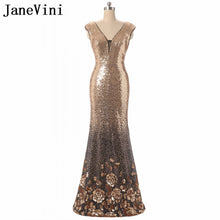 Load image into Gallery viewer, JaneVini Luxury Gold Sequins Mother of the Bride Dresses Robe Cap Sleeve Rose Pattern Sexy V-Neck Backless Mermaid Evening Dress