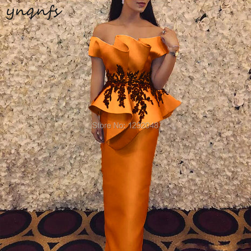 YNQNFS M26 Chic Off Shoulder Ruffles Orange Mother of the Bride Dresses Groom Mother Gown Elegant Long Vestido de Festa Longo