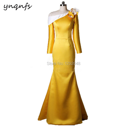 YNQNFS M177 Handmade Flowers White Yellow Satin Mermaid Formal Dress Long Sleeve Mother of the Bride Groom Dresses 2019