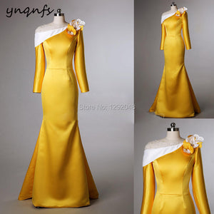 YNQNFS M177 Handmade Flowers White Yellow Satin Mermaid Formal Dress Long Sleeve Mother of the Bride Groom Dresses 2019