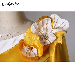 YNQNFS M177 Handmade Flowers White Yellow Satin Mermaid Formal Dress Long Sleeve Mother of the Bride Groom Dresses 2019