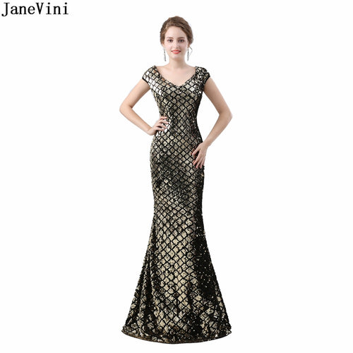 JaneVini Sparkly Sequined Mother of The Bride Dresses Plus Size V Neck Cap Sleeve Illusion Back Sexy Mermaid Evening Party Gowns