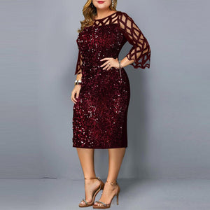 2022 Party Dress Casual Elegant Women O Neck 3/4 Sleeve Sheer Patchwork Shiny Sequins Bodycon Plus Size Knee-length Dress shein