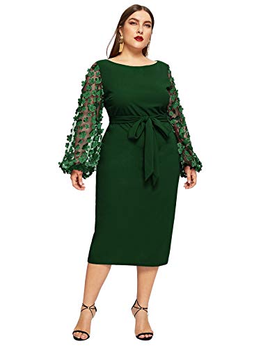 SheIn Women's Plus Elegant Mesh Contrast Appliques Sleeve Stretchy Bodycon Pencil Dress