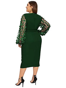 SheIn Women&#39;s Plus Elegant Mesh Contrast Appliques Sleeve Stretchy Bodycon Pencil Dress