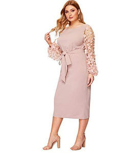 SheIn Women&#39;s Plus Elegant Mesh Contrast Appliques Sleeve Stretchy Bodycon Pencil Dress