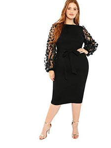 SheIn Women&#39;s Plus Elegant Mesh Contrast Appliques Sleeve Stretchy Bodycon Pencil Dress