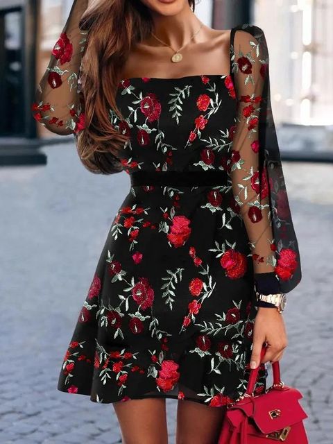 Shein Romwe Y2K Fashion Clothes For Women Square Neck Floral Embroidery Lantern Sleeve Casual Dress Vestido Mini Floral Dress