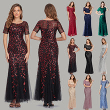 Load image into Gallery viewer, Plus Size Evening Dresses Mermaid O Neck Short Sleeve Lace Appliques Tulle Long sequined Party Gown  Soiree Sexy  Dress vestido