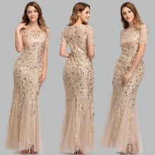 Load image into Gallery viewer, Plus Size Evening Dresses Mermaid O Neck Short Sleeve Lace Appliques Tulle Long sequined Party Gown  Soiree Sexy  Dress vestido