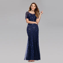 Load image into Gallery viewer, Plus Size Evening Dresses Mermaid O Neck Short Sleeve Lace Appliques Tulle Long sequined Party Gown  Soiree Sexy  Dress vestido