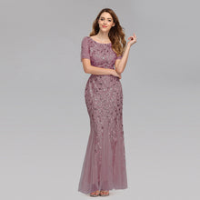 Load image into Gallery viewer, Plus Size Evening Dresses Mermaid O Neck Short Sleeve Lace Appliques Tulle Long sequined Party Gown  Soiree Sexy  Dress vestido