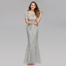 Load image into Gallery viewer, Plus Size Evening Dresses Mermaid O Neck Short Sleeve Lace Appliques Tulle Long sequined Party Gown  Soiree Sexy  Dress vestido