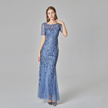 Load image into Gallery viewer, Plus Size Evening Dresses Mermaid O Neck Short Sleeve Lace Appliques Tulle Long sequined Party Gown  Soiree Sexy  Dress vestido