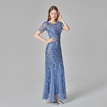 Load image into Gallery viewer, Plus Size Evening Dresses Mermaid O Neck Short Sleeve Lace Appliques Tulle Long Party Gown Robe Soiree Sexy Formal Dress Vestido