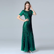 Load image into Gallery viewer, Plus Size Evening Dresses Mermaid O Neck Short Sleeve Lace Appliques Tulle Long Party Gown Robe Soiree Sexy Formal Dress Vestido