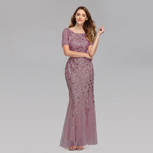 Load image into Gallery viewer, Plus Size Evening Dresses Mermaid O Neck Short Sleeve Lace Appliques Tulle Long Party Gown Robe Soiree Sexy Formal Dress Vestido