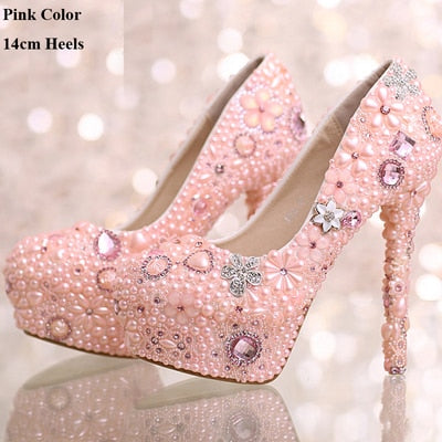 Pink Pearl Rhinestone Flower Platforms Dancing Party Shoes Pearl Wedding Bridal Dress Shoes Graduation Prom Heels Women Shoes