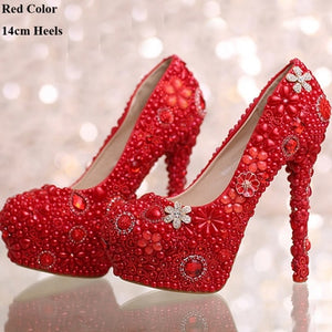 Pink Pearl Rhinestone Flower Platforms Dancing Party Shoes Pearl Wedding Bridal Dress Shoes Graduation Prom Heels Women Shoes