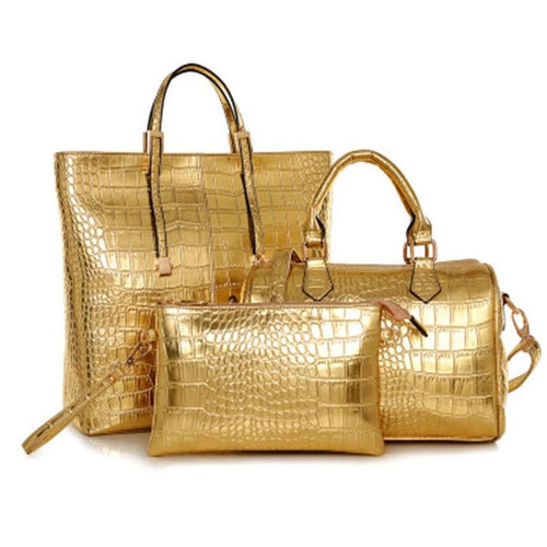 3Pcs Luxury Alligator Crocodile Women Leather Handbag Set Famous Brand Women Shoulder Bags Ladies Handbags Purse Clutch Bag Gold