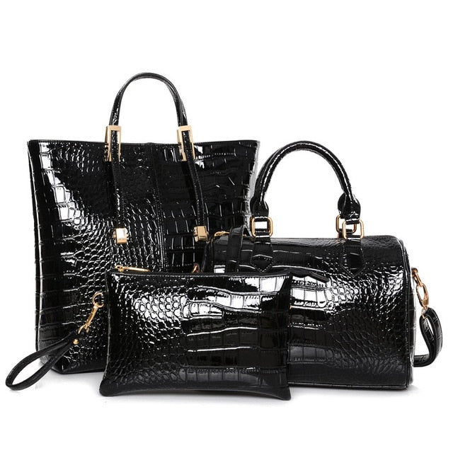 3Pcs Luxury Alligator Crocodile Women Leather Handbag Set Famous Brand Women Shoulder Bags Ladies Handbags Purse Clutch Bag Gold