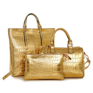 3Pcs Luxury Alligator Crocodile Women Leather Handbag Set Famous Brand Women Shoulder Bags Ladies Handbags Purse Clutch Bag Gold