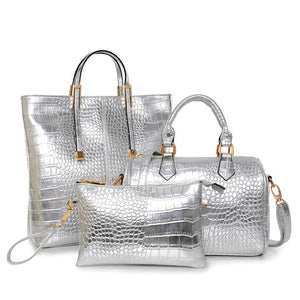 3Pcs Luxury Alligator Crocodile Women Leather Handbag Set Famous Brand Women Shoulder Bags Ladies Handbags Purse Clutch Bag Gold