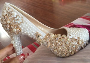 Crystal wedding shoes pearl handmade bridal shoes women's Pumps peacock rhinestone female high heels