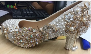 Crystal wedding shoes pearl handmade bridal shoes women's Pumps peacock rhinestone female high heels