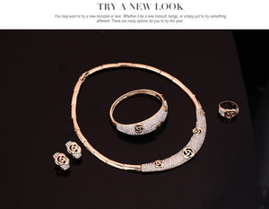 Fashion Wedding Jewelry Set Gold Color Full Rhinestone Necklace Bangle Ring Earrings Party Set