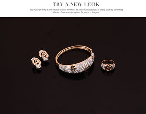 Fashion Wedding Jewelry Set Gold Color Full Rhinestone Necklace Bangle Ring Earrings Party Set