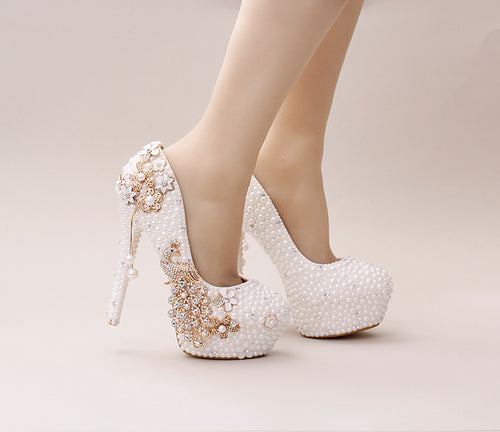 Crystal wedding shoes pearl handmade bridal shoes women's Pumps peacock rhinestone female high heels