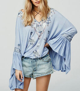 Boho Blouse 2020 floral embroidered flare long sleeve v-neck Casual holiday chic Bohemia loose style women top Hippie Blouses