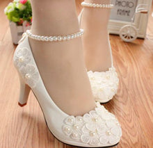 Load image into Gallery viewer, MIDDLE/LOW/HIGH HEELS white pumps shoes with lace flowers cheap low price, bridal pearls anklets party pumps, TG005 women&#39;s shoe