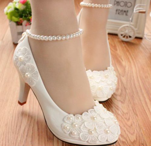 MIDDLE/LOW/HIGH HEELS white pumps shoes with lace flowers cheap low price, bridal pearls anklets party pumps, TG005 women's shoe