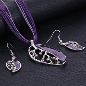 African Beads Jewelry Sets with Enamel Leaf, and Silver Leather Rope.