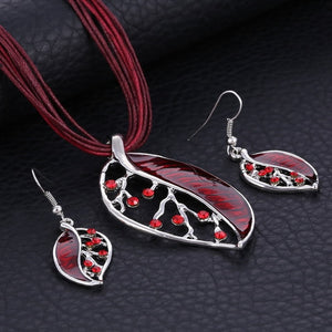 African Beads Jewelry Sets with Enamel Leaf, and Silver Leather Rope.