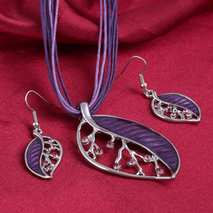 African Beads Jewelry Sets with Enamel Leaf, and Silver Leather Rope.