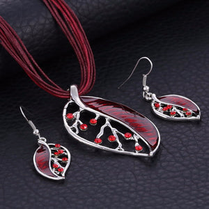 African Beads Jewelry Sets with Enamel Leaf, and Silver Leather Rope.