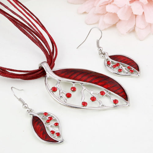 African Beads Jewelry Sets with Enamel Leaf, and Silver Leather Rope.